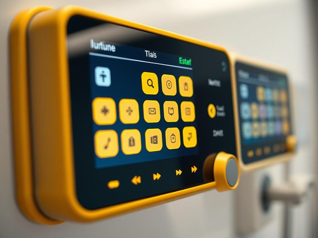 A close-up shot of a modern nurse call system interface, showing intuitive buttons and a sleek design. The background should be softly blurred to emphasize the device. The lighting should be bright and inviting, highlighting the advanced technology of the system. The primary color scheme should include shades of yellow (rgb(251, 203, 7)) to match the branding of EBTEKAR TECH.