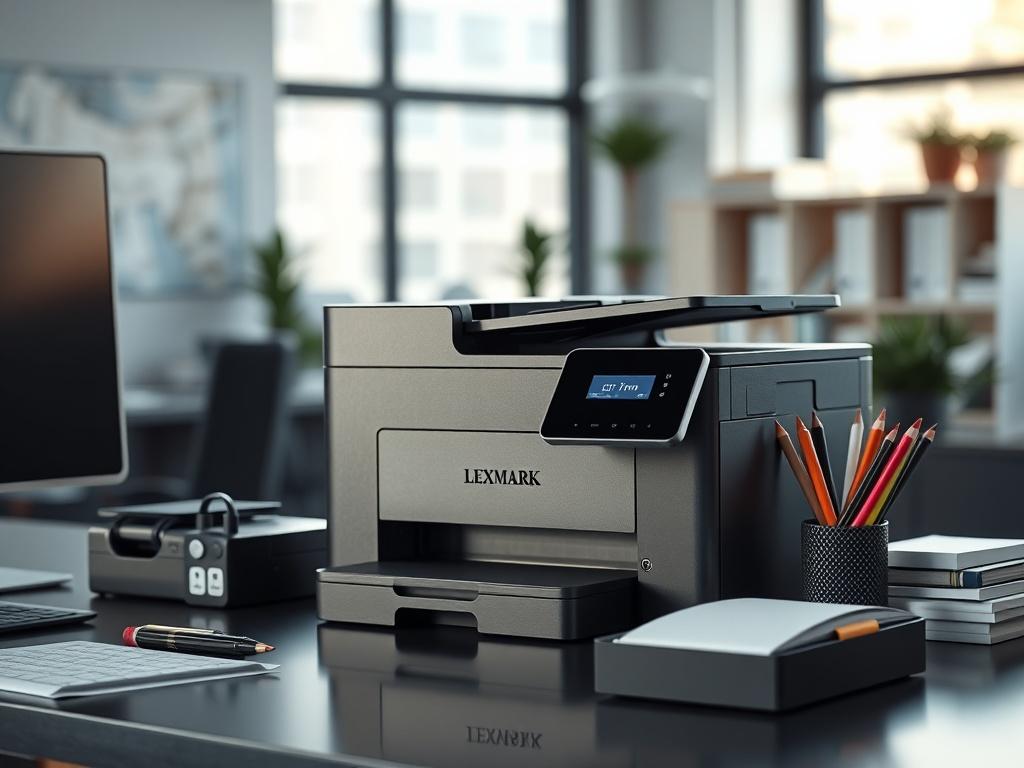 A realistic high-resolution photo of a Lexmark printer in a modern office environment. The printer should be prominently displayed on a sleek desk, surrounded by office supplies like paper and ink cartridges. The background should feature a well-organized workspace with natural light coming through a window, creating a bright and professional atmosphere. The composition should focus solely on the printer, capturing its details and features in a close-up shot.
