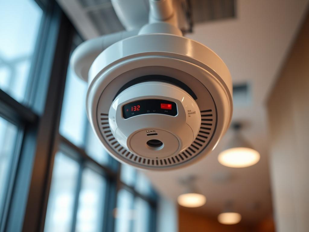 A hyper-realistic, close-up shot of a modern fire alarm system installed in a commercial building. The photo should focus on the sleek design of the smoke detector, showcasing its features in a well-lit environment. The background should be blurred to emphasize the subject while incorporating elements of a contemporary office setting. The image should capture the essence of safety and advanced technology, compatible with the primary color rgb(251, 203, 7).