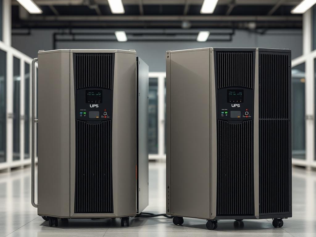 A realistic high-resolution image showcasing a modern UPS system with a sleek design, prominently displaying both single-phase and three-phase units. The background should be a clean, well-lit environment, emphasizing the technology aspect. The UPS systems should be the focal point, highlighting their features and capabilities, and the image should be shot with a 45mm f/1.2 lens style to ensure a hyper-realistic close-up.