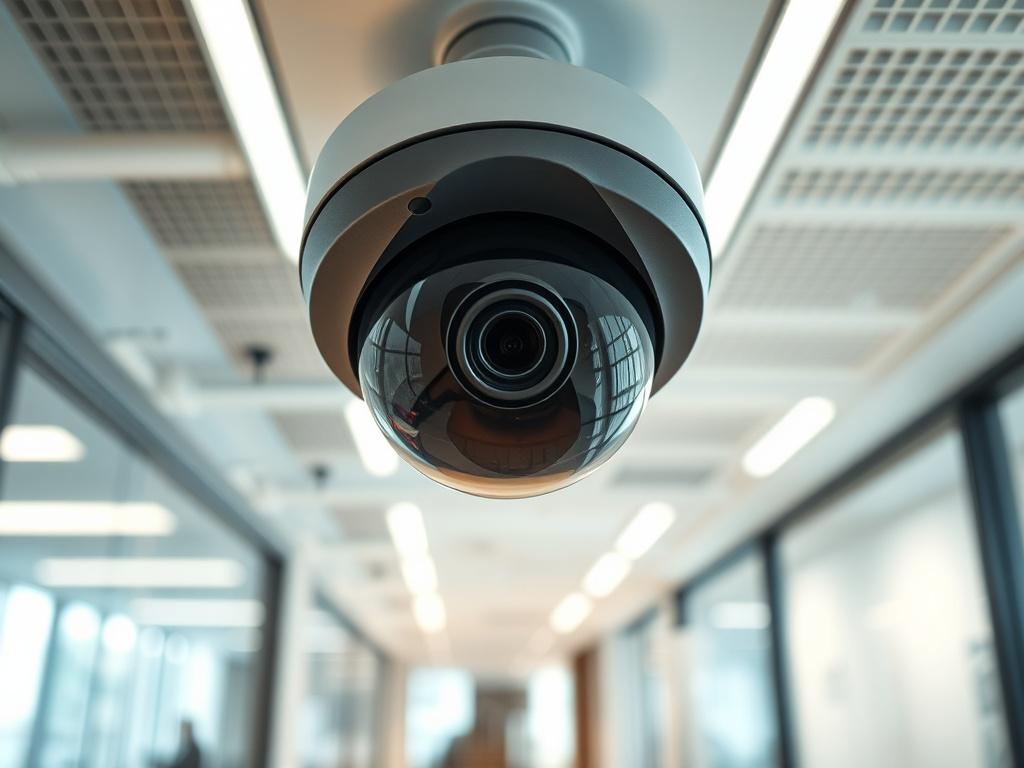 A high-resolution image of a CCTV camera installed in a modern office, showcasing its sleek design and advanced technology, surrounded by a bright and secure environment, hyper-realistic style.