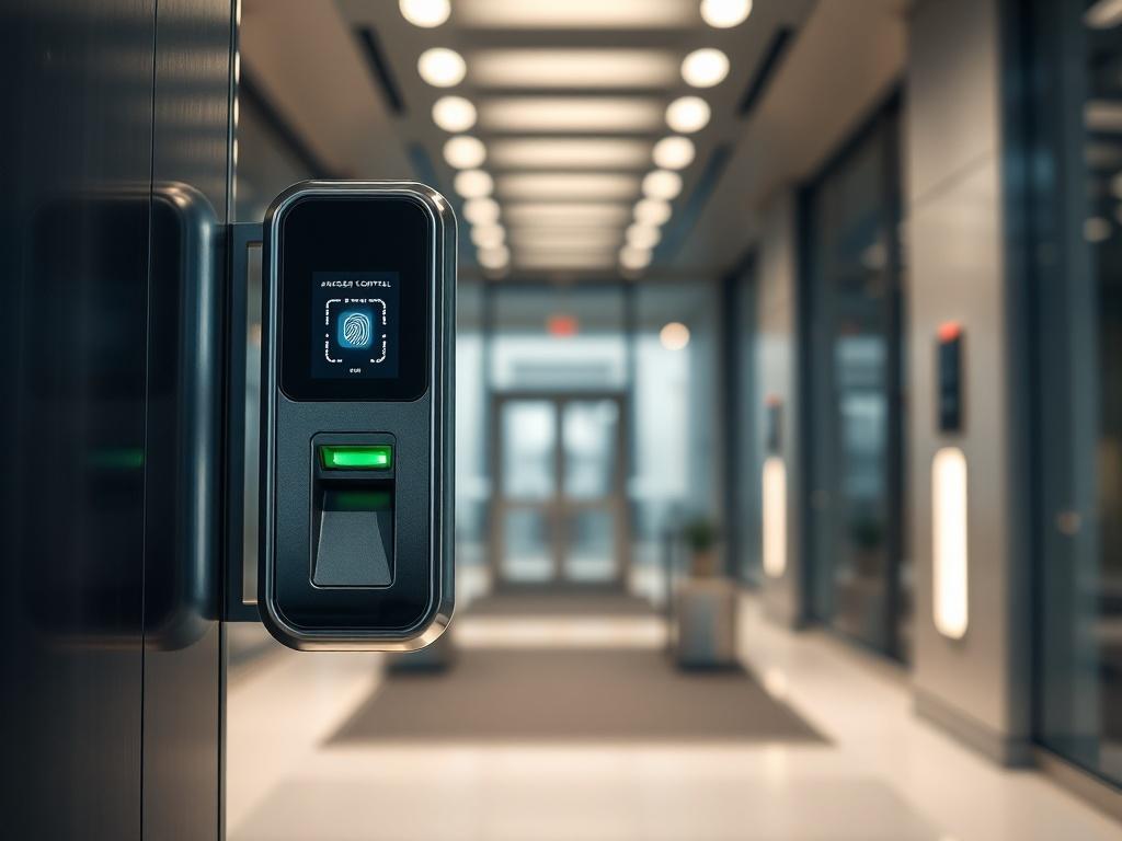 A close-up shot of a modern access control system, featuring a biometric fingerprint scanner and a digital display. The background is a sleek, well-lit entryway of a corporate building, showcasing a sophisticated atmosphere. The image should have a hyper-realistic quality with vibrant colors and details, capturing the technology's sophistication and efficiency.