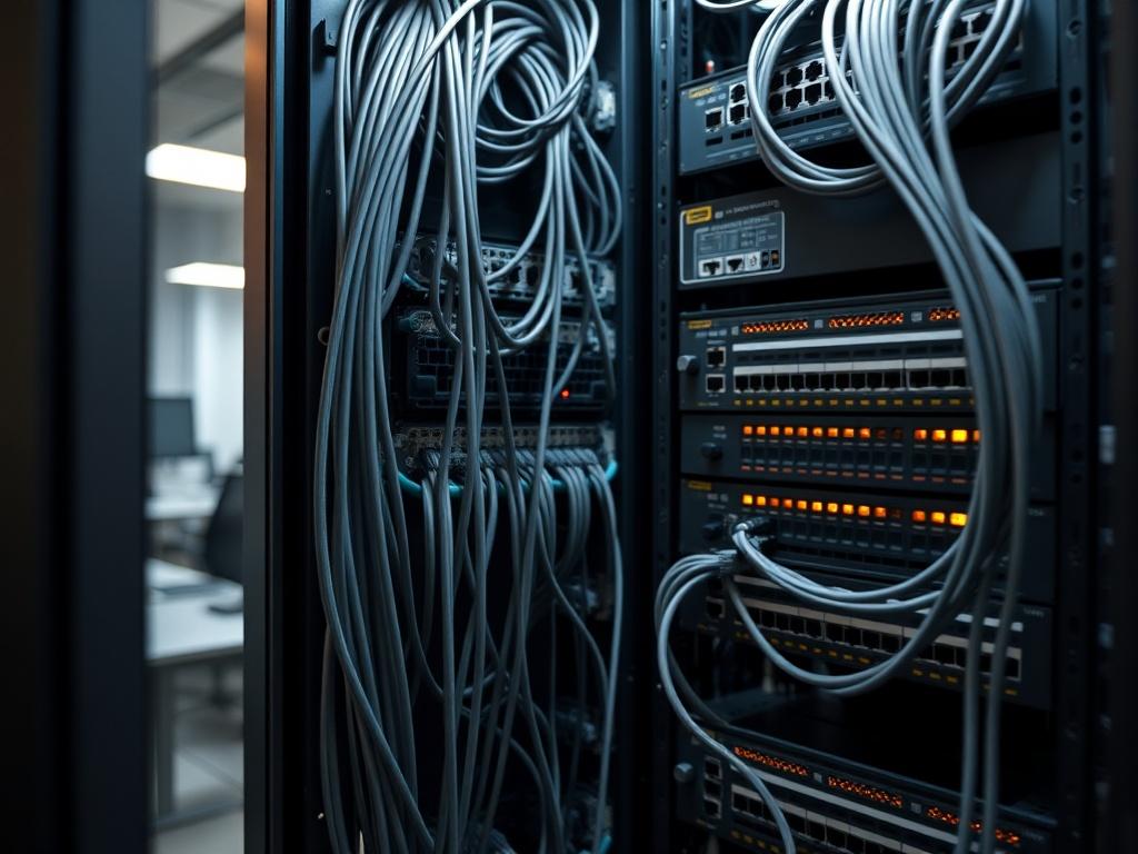 A hyper-realistic close-up shot of a modern networking cabinet filled with neatly organized cables and network switches. The cabinet should be well-lit, showcasing the intricate details of the connections and equipment. The background should be a blurred office environment, emphasizing a professional and efficient workspace. The colors should complement the primary color rgb(251, 203, 7) with a focus on metallic and technological textures.