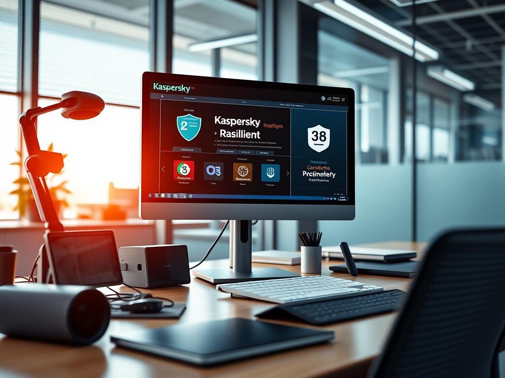 A close-up shot of a modern office environment showcasing a computer setup featuring Kaspersky, Rasilient, and Prestigio software interfaces on the screen. The background should have a sleek and professional feel, with a focus on a well-organized workspace that includes high-tech gadgets and accessories. The lighting should be bright and inviting, emphasizing the advanced technological aspects of the products. The image should be rendered in hyper-realistic style, capturing the essence of efficiency and sec