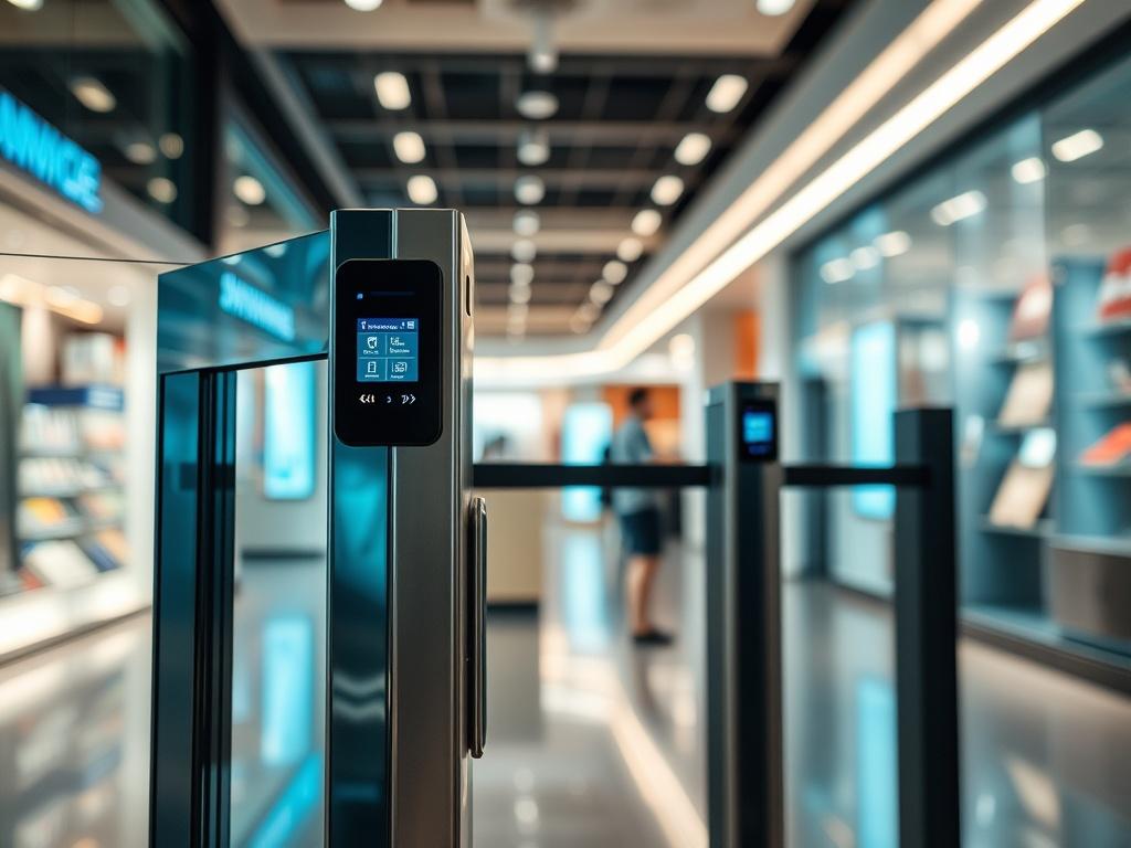 A hyper-realistic close-up of a state-of-the-art electronic surveillance gate in a commercial environment, showcasing its sleek design and advanced technology. The gate should be the main subject, set against a blurred background of a modern retail space, emphasizing security and sophistication. The lighting should highlight the gate's features, creating a professional and secure atmosphere. Use a 45mm f/1.2 lens style for an appealing depth of field.
