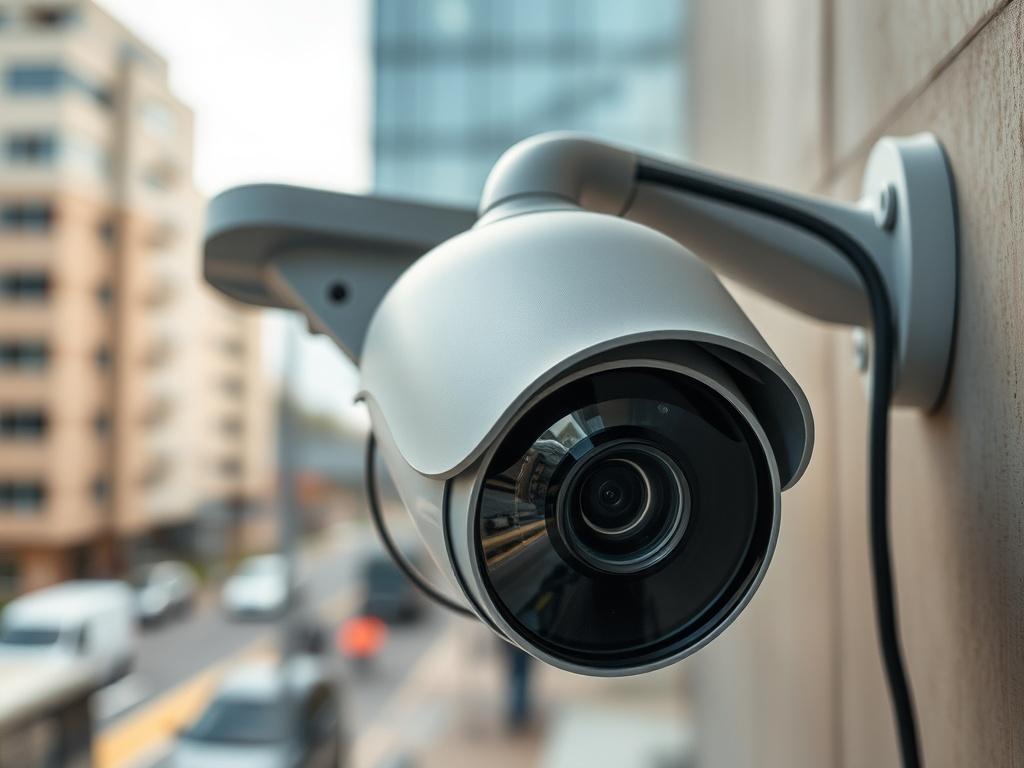 A realistic, hyper-realistic close-up shot of a modern IP & CCTV surveillance camera mounted on a wall, showcasing intricate details like lens, casing, and wiring. The background should be a softly blurred urban environment, indicating a secure area. The lighting should highlight the camera, emphasizing its advanced technology and design. The image should convey a sense of security and reliability.