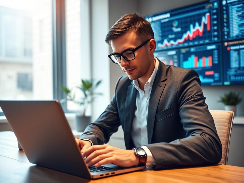 A professional consultant working on a laptop, surrounded by charts and ERP software interfaces on the screen. The consultant is focused, wearing glasses, and is in a modern office environment with a clean desk. Soft natural light is coming in from a window, creating an inviting atmosphere. The background should have subtle elements of technology, like a digital screen displaying analytics.