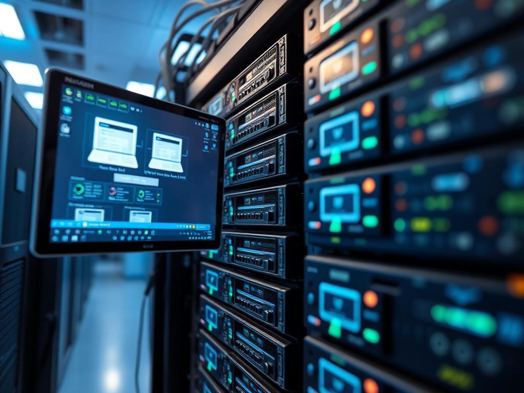 A high-resolution close-up shot of a modern server rack with multiple virtual machines displayed on a screen. The background is a softly blurred data center with cool lighting, emphasizing the technology and efficiency of virtualization. The image should have a hyper-realistic quality, showcasing the intricate details of the server components and the clarity of the virtual machine interface.