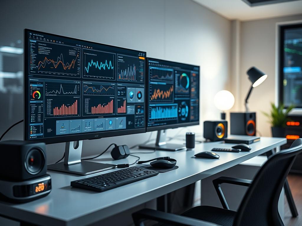 A hyper-realistic close-up shot of a modern technology workspace featuring a sleek computer setup with multiple monitors displaying data analytics and software development tools. The environment is well-lit, with a clean and organized desk, showcasing cutting-edge gadgets and tech accessories. The primary color scheme includes accents of rgb(251, 203, 7) to reflect innovation and energy.