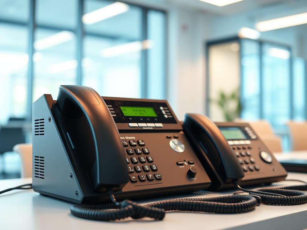 A realistic high-resolution close-up image of a modern PBX system setup. The composition should include a sleek, professional PBX device with multiple lines connected, set against a clean, minimalist office background. The lighting should be bright and inviting, emphasizing the technology's advanced features. The color scheme should incorporate shades of black and silver, reflecting a modern tech aesthetic, compatible with an rgb(251, 203, 7) primary color accent.