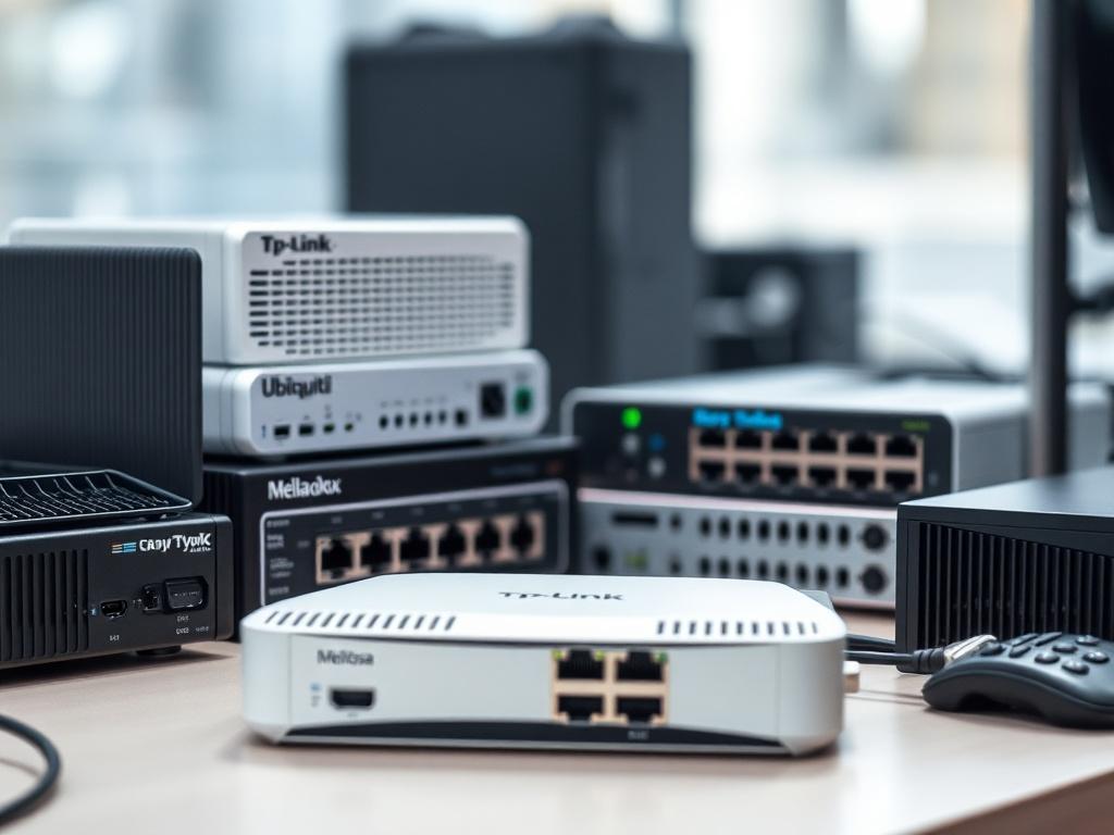 A high-resolution close-up shot of networking equipment, showcasing a variety of branded devices from Tp-Link, Ubiquiti, Grandstream, Mimosa, Mikrotik, and Mellanox. The composition should feature a sleek, modern setup on a clean desk background, with clear focus on the intricate details of the devices, like ports and indicators. The lighting should be bright and inviting, highlighting the technology's advanced features with a soft blur in the background.