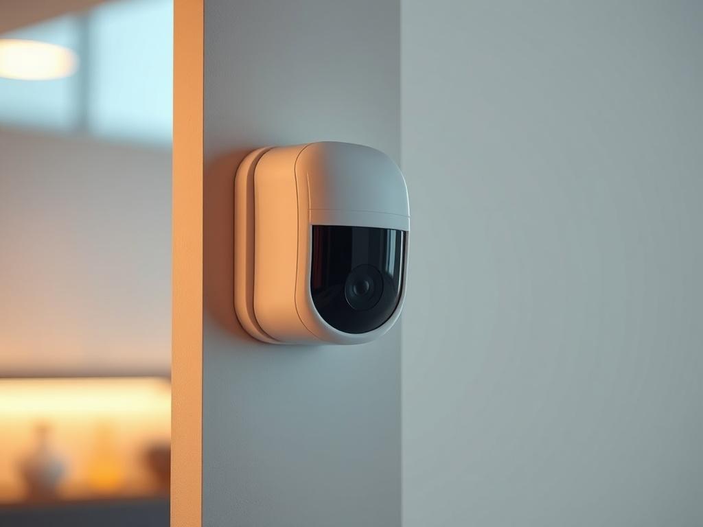 A modern motion alarm system sensor mounted on a wall in a well-lit room. The background should be minimalistic, focusing on the sensor itself, showcasing its sleek design and high-tech features. The image should be captured in high-resolution, highlighting the details of the sensor, with a warm lighting effect to emphasize its importance in security. The primary color of the image should complement rgb(251, 203, 7).