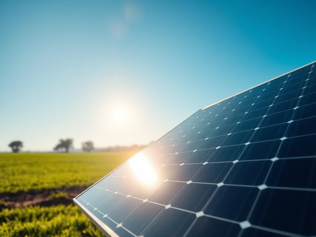 A realistic high-resolution photo of a solar energy system installation in a sunny agricultural setting. The image should feature a single photovoltaic solar panel prominently in the foreground, with a clear blue sky and green fields in the background. The sun should be shining brightly, casting natural light and shadows on the panel, showcasing its sleek design. The overall composition should emphasize sustainability and eco-friendliness, with no other objects or distractions in the frame.