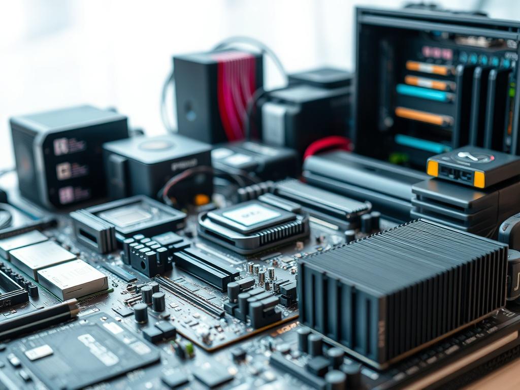A hyper-realistic close-up shot of a diverse array of PC and server components, including motherboards, processors, RAM sticks, and storage drives. The components should be arranged neatly on a clean desktop surface, with a soft-focus background that highlights the details of each item. The lighting should be bright and enhance the textures and colors of the components, creating an inviting and professional atmosphere. The image should be compatible with the primary color rgb(251, 203, 7).