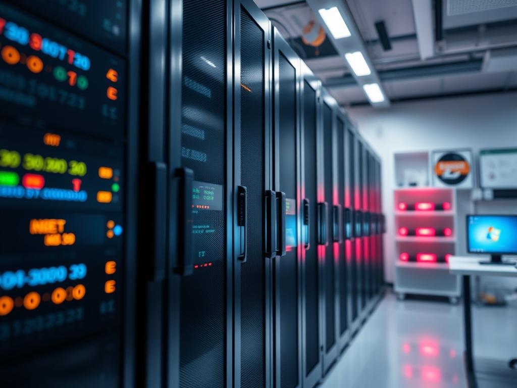 A hyper-realistic close-up shot of a cloud computing server setup. The image should depict a sleek, modern server rack with glowing LED indicators, surrounded by a clean and organized workspace. The background should be softly blurred to emphasize the server, and the overall color tone should harmonize with an rgb(251, 203, 7) primary color scheme.