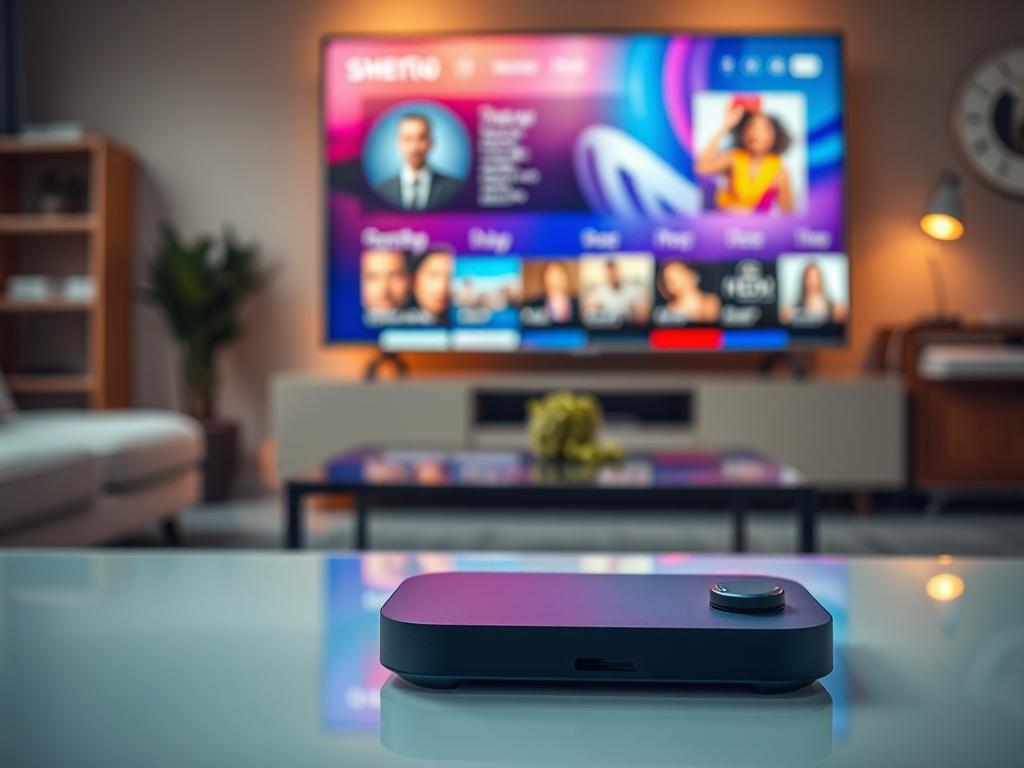 A high-resolution close-up shot of a modern streaming device placed on a sleek coffee table. In the background, a large flat-screen TV displays vibrant colors from a popular streaming service interface. The room is stylishly decorated with minimalistic furniture. The lighting is warm and inviting, emphasizing the device and the screen's clarity. The overall atmosphere conveys a cozy and modern home entertainment experience.