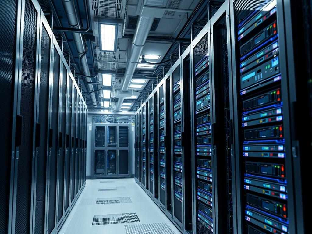A high-resolution image of a modern server room showcasing neatly arranged server racks filled with high-performance computing equipment. The room should have efficient cooling systems visible, bright LED lights illuminating the space, and a structured cabling setup that appears organized and professional. The background should be simple and clean, emphasizing the technology and infrastructure without distractions.