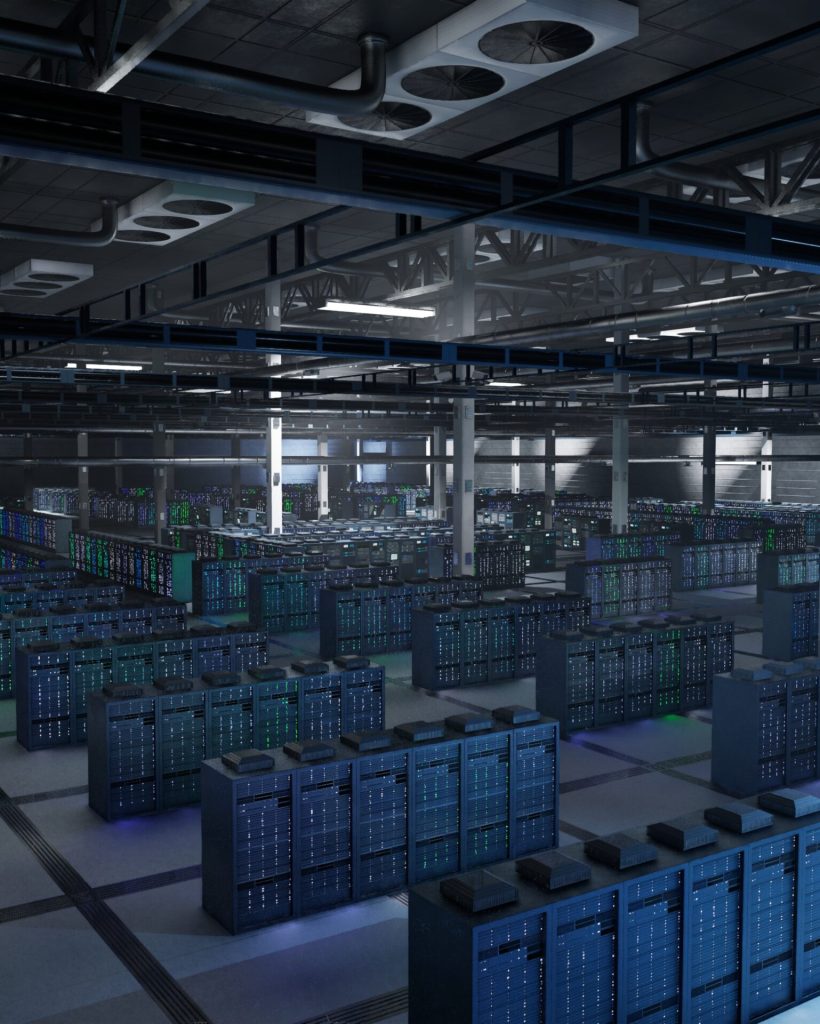 Dimly lit facility running deep learning platforms and neural networks training in dark environment. Server systems handling massive datasets for machine learning, 3D rendering