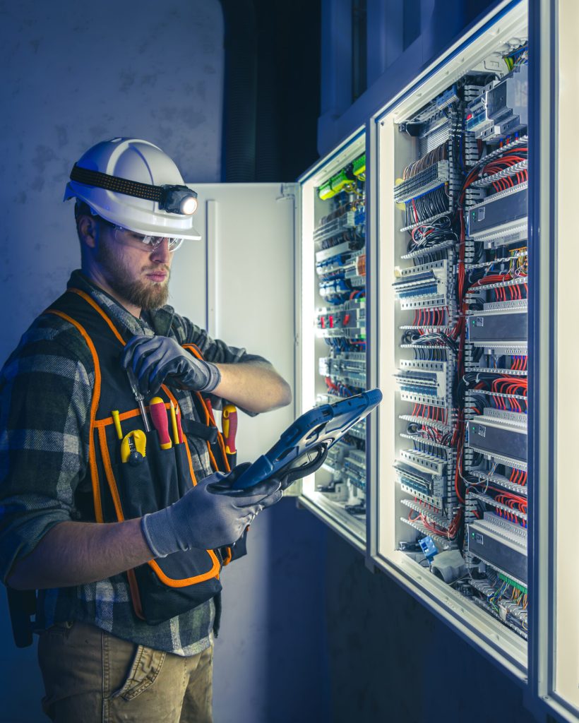 Electrician focused on work in switchboard with fuses, using tablet. Young adult electrical engineer in special clothes with flashlight on helmet in dark room with emergency lights in background.